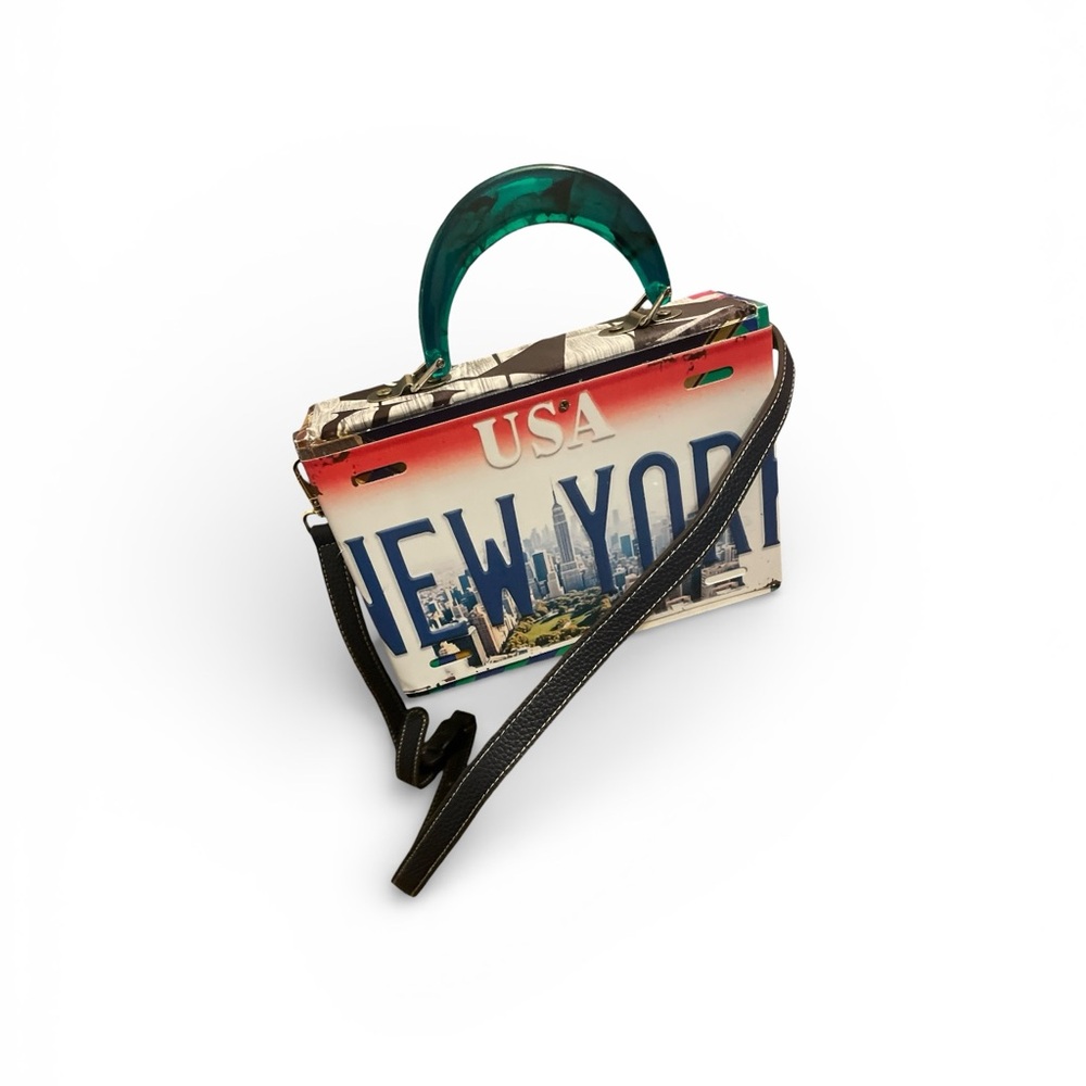 Upcycle New York fashion license plate Handbag vintage cigar box custom made